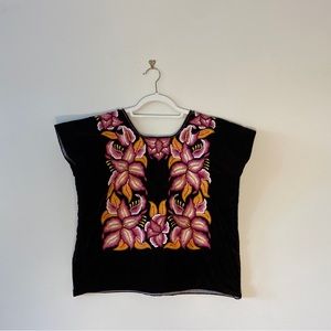 Dark Brown and Pink Floral Embroidered Vintage Velvet Mexican Blouse